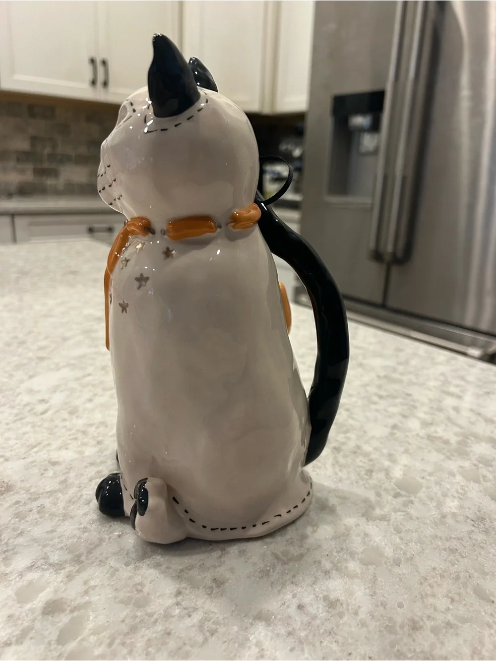 “New” Blue Sky Clayworks White Ceramic Cat with Orange Bow and Accents